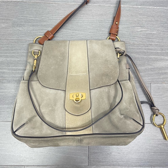 Chloe Lexa Crossbody Bag Suede Leather Medium Flap Key Taupe Beige Gray Boho - Picture 9 of 16